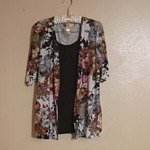 Star Vixen Black Tank with Floral Multi-Color Open Cardigan